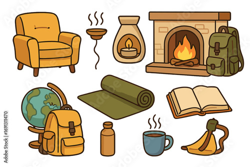 Cozy home relaxation and adventure icon set. Hygge lifestyle elements for wellness, self-care. Fireplace, book, yoga mat, backpack. Travel and exploration vector cartoon.