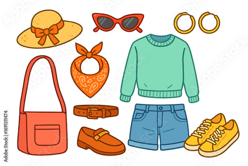 Casual fashion outfit set vector cartoon illustration. Woman's clothing collection for summer. Flat lay with sweater, shorts, shoes, bag, hat, and fashion accessories.