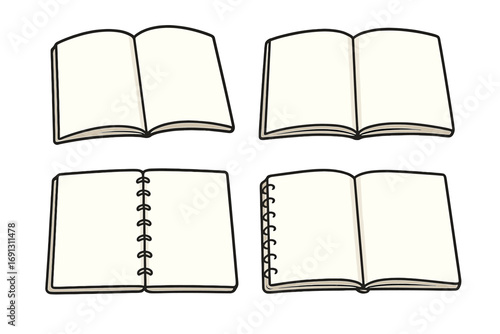 Set of open notebooks with blank pages for writing or sketching. Vector cartoon illustration of journal, diary, and sketchbook. Empty template for notes, school, or office.