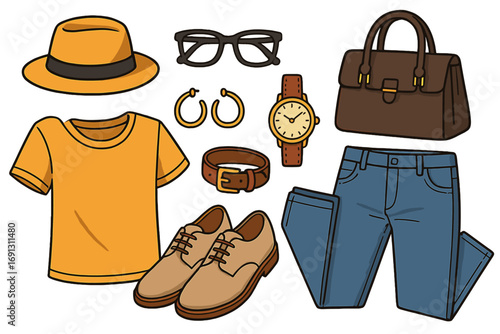 Casual fashion outfit flat lay vector. Clothing and accessories set with t-shirt, jeans, shoes, hat, watch, glasses, belt and bag. Modern everyday wardrobe essentials.