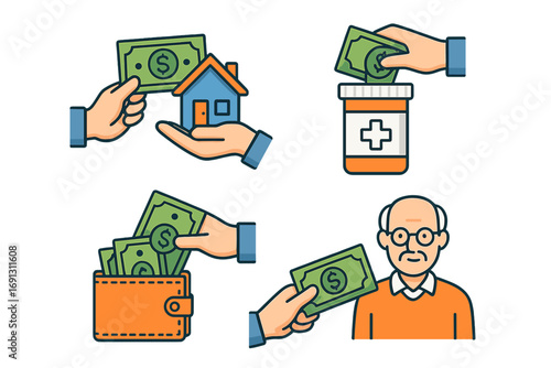 Financial assistance icon set. Money for house mortgage, healthcare insurance, retirement pension & savings. Vector concepts of payment, investment, loan, & family budget.