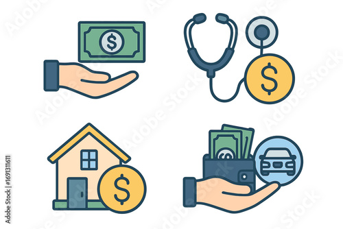 Financial assistance icon set for car loans, house mortgages, and health insurance. Vector symbols for payment, credit, expenses, investment, savings, and budget planning.