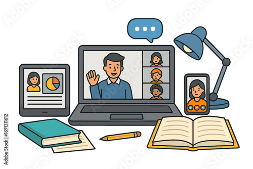 Remote learning and online education concept. Virtual communication with video conference on laptop. E-learning, webinar, and distance learning setup with digital devices.