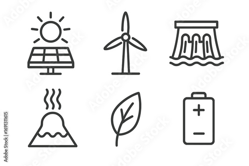 Renewable energy icon set. Solar, wind, hydroelectric, geothermal, bio energy. Sustainable power sources. Clean technology vector symbols. Minimalist linear outline graphic.