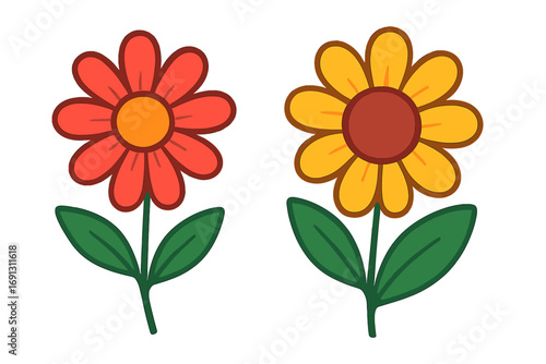 Set of two cute retro groovy flowers. 70s style cartoon vector illustration. Simple daisy or sunflower flat design elements. Botanical floral sticker icon collection.