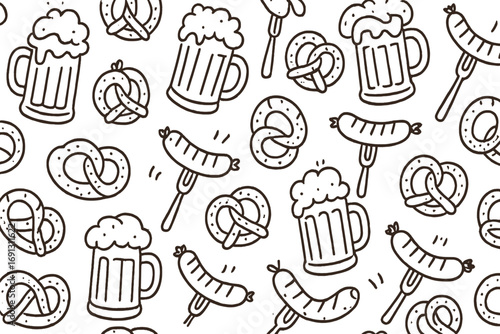 Oktoberfest seamless pattern with beer, pretzel, and sausage in doodle style. Vector cartoon illustration. German festival background with traditional food and drink. Hand-drawn line art.