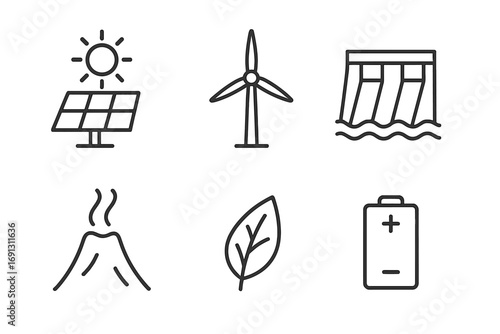 Renewable energy icons. Solar panel, wind turbine, hydroelectric dam, geothermal heat, leaf for biomass, battery. Clean electricity, alternative source. Line art vector set.