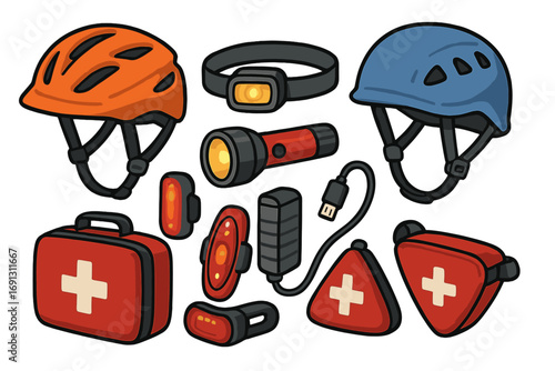 Outdoor activity safety gear set. Vector icon collection for cycling, hiking, climbing. Bike helmet, headlamp, flashlight, first aid kit, power bank. Emergency equipment.