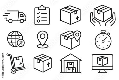 Logistics icons set for shipping and delivery. Line art collection of package tracking, warehouse storage, and fast transport vector symbols. Cargo and freight service signs.