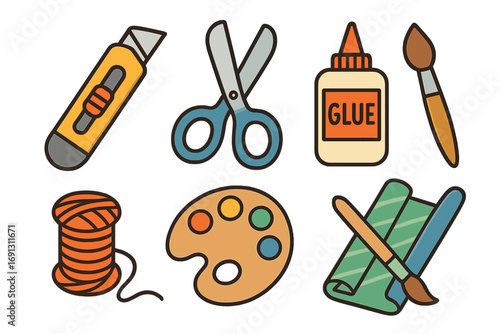 Crafts and hobbies tools icon set. Art supplies for creativity and DIY projects. Vector cartoon illustration of scissors, glue, paint, brush, paper, cutter, and thread. School supplies.