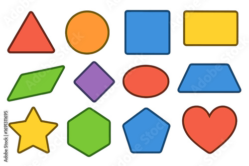 Colorful basic geometric shapes set for kids. Educational visual learning elements. Vector illustration includes triangle, circle, square, star, heart and other forms for school.