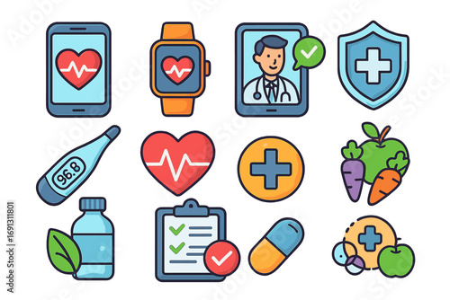 Health and wellness icon set. Digital healthcare, telemedicine concepts. Online doctor consultation, medical app on phone and watch. Healthy food, medicine, insurance icons.