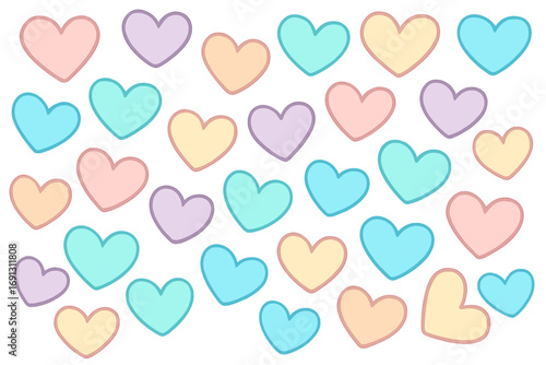 Vector cartoon hearts pattern background. Colorful heart shapes in soft pastel tones. Dreamy aesthetic for digital design. Love, romantic, valentine's day illustration.