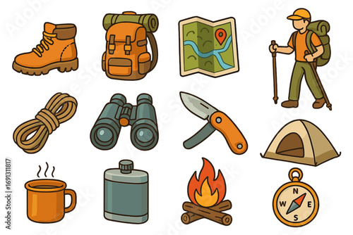 Hiking gear and camping equipment icon set. Outdoor adventure, exploration, and travel symbols. Hiker, backpack, map, tent, compass, knife, campfire cartoon vector icons.