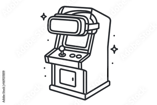 Retro arcade machine with VR headset. Evolution of gaming concept. Old vs new technology. Future of entertainment. Virtual reality on classic video game cabinet. Line vector.