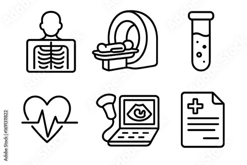Medical diagnostic icons set. Linear graphic collection for radiology, MRI scan, laboratory test tube, cardiology heartbeat, ultrasound sonogram and health report. Vector symbols.