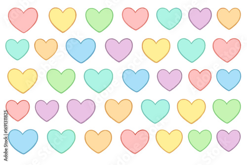 Cute colorful pastel hearts seamless pattern. Vector love symbols for valentine's day background. Romantic dreamy aesthetic for wedding, baby shower. Cartoon illustration set.