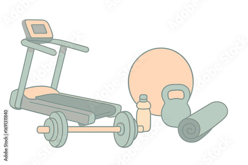 Fitness equipment set for gym workout. Vector illustration of sport tools for exercise and healthy lifestyle. Treadmill, barbell, kettlebell, yoga mat, fitness ball, bottle.