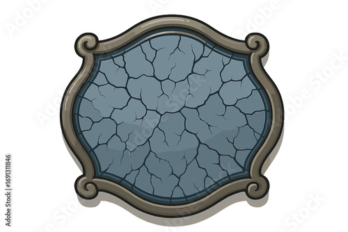 Ancient stone plaque with cracked blue texture. Decorative vintage cartoon frame for game UI element or sign. Blank empty grunge border design. Old rock background vector.
