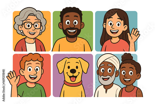 Diverse community concept. Multicultural people portraits. Multi-ethnic team and family with dog. Character avatars for web. Man, woman, child, senior faces. Vector icon set.