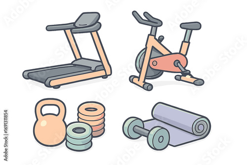 Fitness equipment vector illustration set. Modern gym items for workout. Treadmill, stationary bike, dumbbell, yoga mat, kettlebell, weights for cardio and strength training.