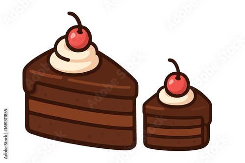 Two slices of chocolate layer cake with whipped cream and cherry on top. Vector flat illustration of a delicious pastry dessert. Sweet food icon for bakery or cafe menu.