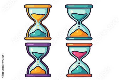 Set of colorful hourglasses vector icons. Sandglass timer symbol for passage of time, deadline, and countdown. Simple flat cartoon illustration of sand clock collection.