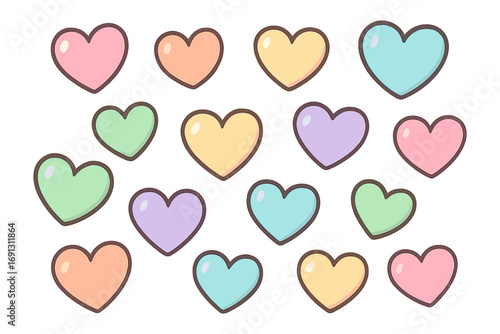Set of cute kawaii cartoon hearts in soft pastel colors. Vector illustration collection of colorful love symbols for Valentine's Day. Girly romantic sticker pack elements.