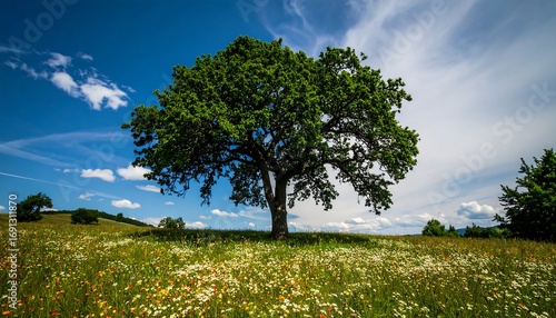Fototapeta Naklejka Na Ścianę i Meble -  Lush green tree in a vibrant wildflower meadow under a partly cloudy blue sky