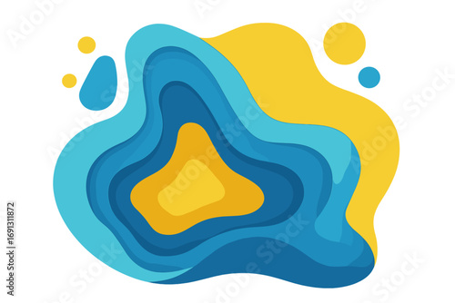 Modern paper cut art with 3D layered shapes. Abstract fluid forms in blue and yellow creating depth. Minimal vector background for creative design projects. Liquid wave concept.