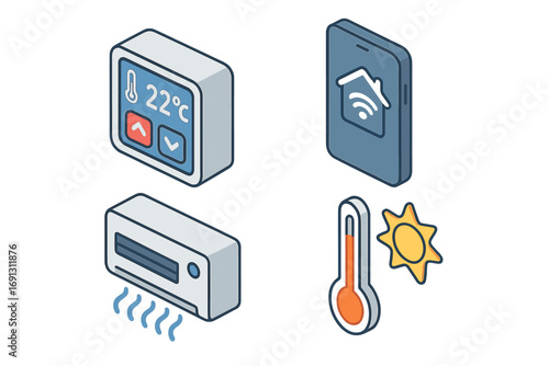 Smart home climate control isometric vector icons. House automation technology symbols for temperature regulation. Thermostat, air conditioner, mobile phone app, weather.