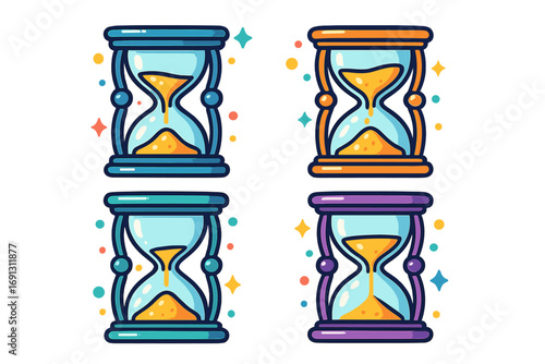 Colorful hourglass collection. Sand clock vector icon set. Symbolizes time, deadline, countdown, history, and patience. Simple flat cartoon design great for web graphics.