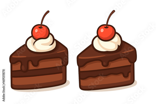 Delicious chocolate cake slice with cream and cherry on top. Vector cartoon illustration of two sweet dessert pastry pieces. Food graphic icon for bakery menu. Flat design.