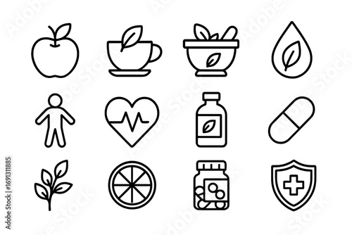 Health and wellness outline icon set. Natural medicine, organic food, and vitamin supplement symbols. Vector collection for healthy lifestyle, herbal care, and nutrition concepts.