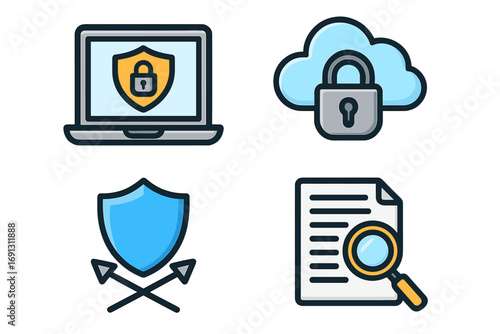 Cybersecurity icon set for data protection and cloud computing. Vector concepts of network safety, antivirus, firewall and data privacy. Secure technology and analysis symbols.