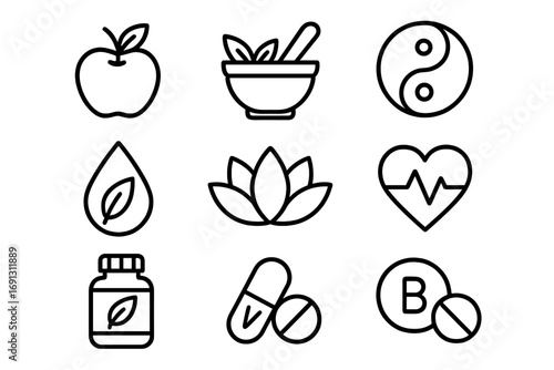 Health and wellness outline icon set. Natural medicine, organic food, and vitamin supplement symbols. Healthy lifestyle, herbal pharmacy, and zen balance vector icons.
