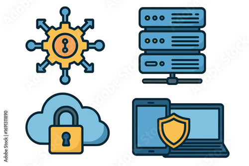 Software integration and data security icon set. Vector icons for API, server, secure cloud storage, and device protection. Technology and cybersecurity concepts cartoon illustration.