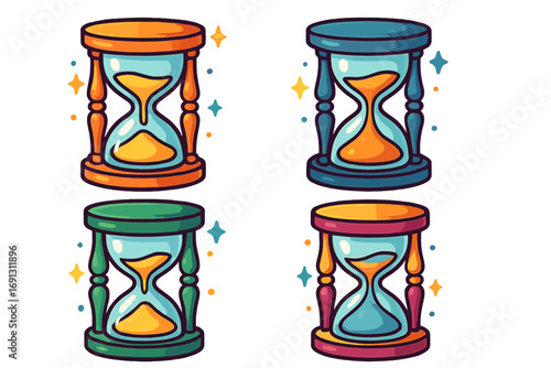 Set of colorful hourglass vector icons. Sandglass collection symbolizing passage of time, countdown, and deadlines. Creative cartoon sand clock illustration for business and concepts.