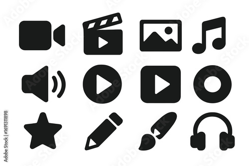 Multimedia icon set, minimalist black vector symbols. For video, audio, photo editing and design. UI buttons for play, record, music, and web applications. Simple glyphs.