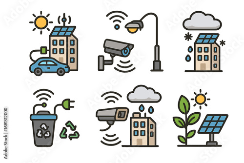 Smart city icon set. Urban technology and sustainability concepts. Electric car charging, solar energy panel, CCTV surveillance camera, smart trash bin, weather, recycling vector.