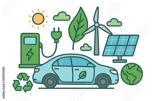 Electric car green energy concept. Sustainable transport. Eco friendly vehicle. Renewable power, solar panel, wind turbine. Charging station. Ecology, environment care.