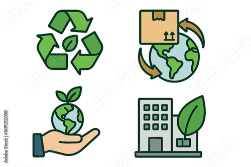 Sustainability icons for eco-friendly business. Green supply chain, environmental responsibility, recycling, corporate ecology concepts. Global logistics & earth care vector set.