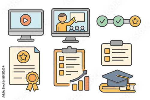 E-learning icon set for online education and distance learning. Vector concepts for video lessons, webinars, courses, tutorials, certificates, and student graduation progress.