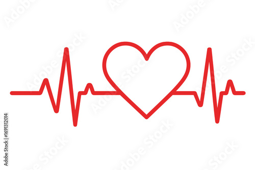 Heartbeat line with heart shape. Red cardiogram ECG wave. Pulse and rhythm icon. Medical, healthcare concept. Love, life and vitality symbol. Vector illustration design.