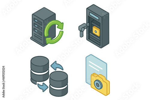 Isometric icon set for data backup and disaster recovery. Vector cartoon illustration of backup server, tape library, database replication, and file snapshot for IT solutions.