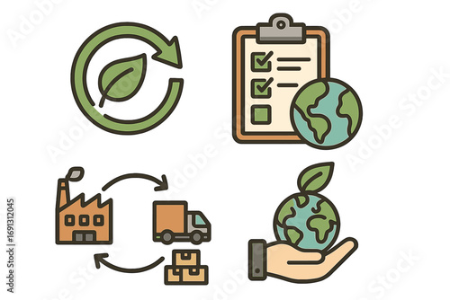 Sustainable business icon set. Concepts of environmental responsibility, green supply chain, eco-friendly production, logistics, recycling, and global ESG compliance checklist.