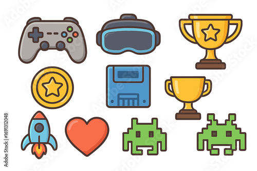 Gaming icon set. Video game elements collection. Controller, VR headset, trophy, pixel alien, rocket, floppy disk, heart, coin. Vector cartoon illustration for gamer asset.
