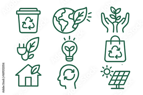 Green ecology and environment icon set. Linear vector icons about sustainability, recycling, renewable energy, conservation and an eco-friendly lifestyle. Go green concept.