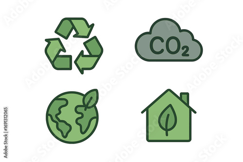 Eco icons set for sustainability and green living. Vector symbols for recycle, CO2 reduction, green planet, and eco house. Environmental conservation concept illustration.