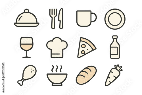 Food and dining line icon set. Minimalist vector graphic collection for restaurant menus, culinary projects, and cooking apps. Features cartoon symbols like pizza, wine, and bread.